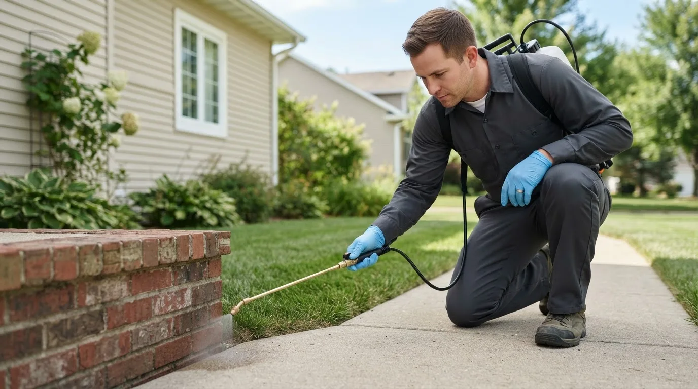 Pest control technician treating a home near Epsom, NH
